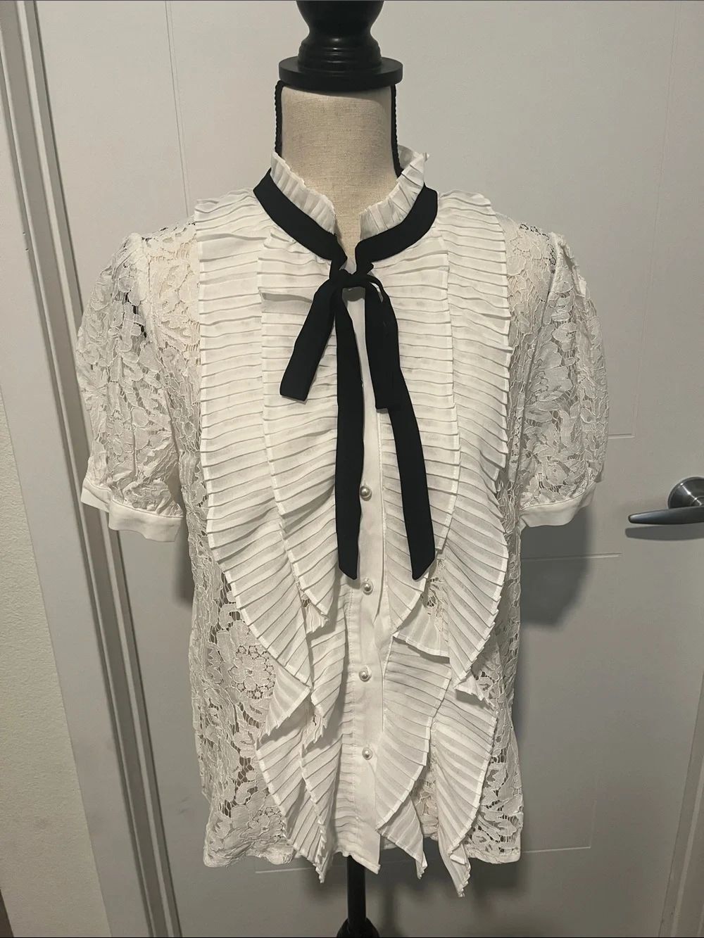 Jealous Tomato White Lace Ruffle Black Tie Blouse Coquette Cottagecore Feminine